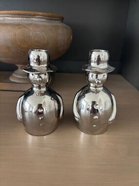 Crate&Barrel silver snowmen candle holders